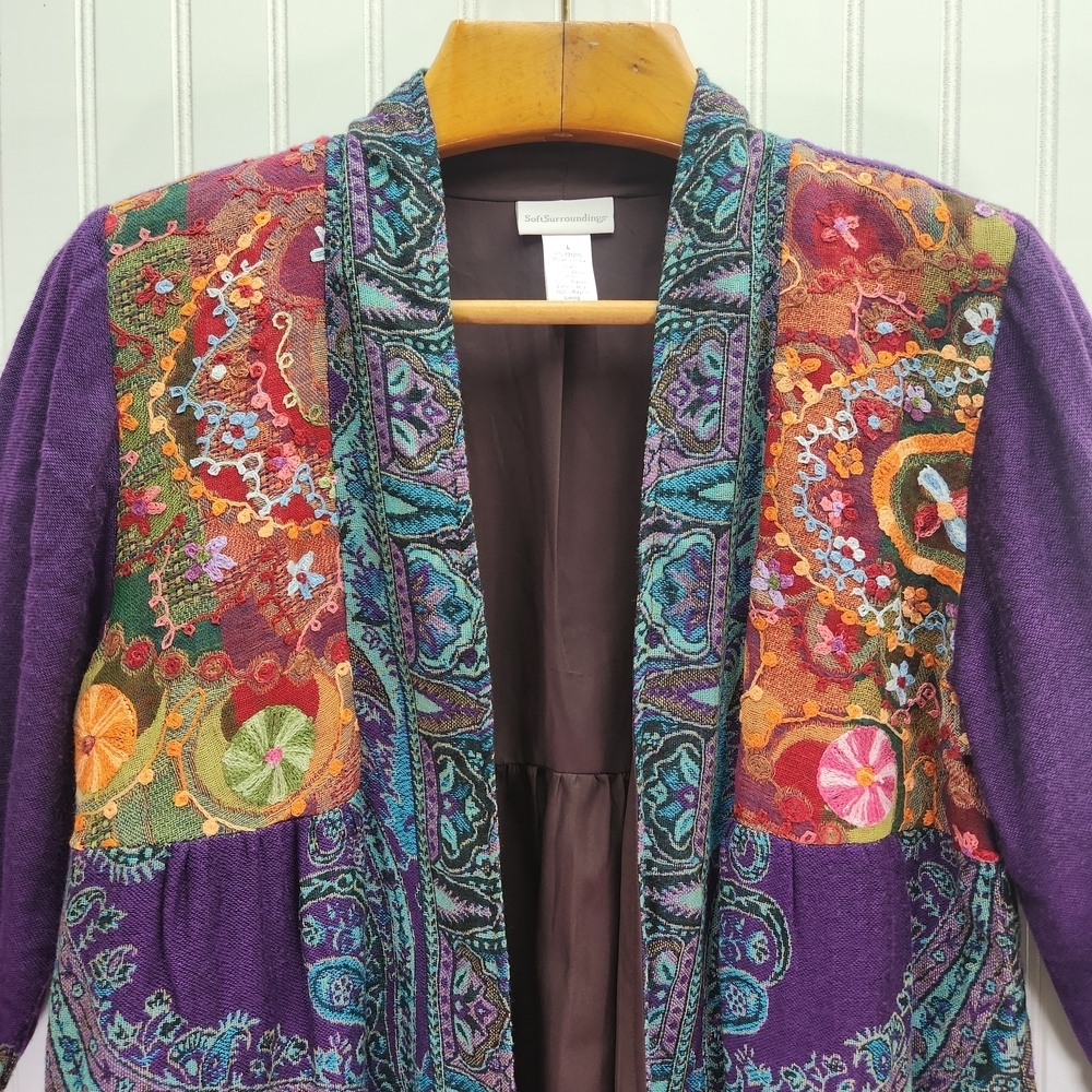 Soft Surroundings Embroidered Wool Open Front Blanket Style Boho Cardigan Size M - Picture 4 of 15